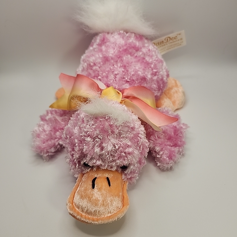 Dan DEE VINTAGE Plush Pink Duck Stuffed Animal with Satin Bow 9"